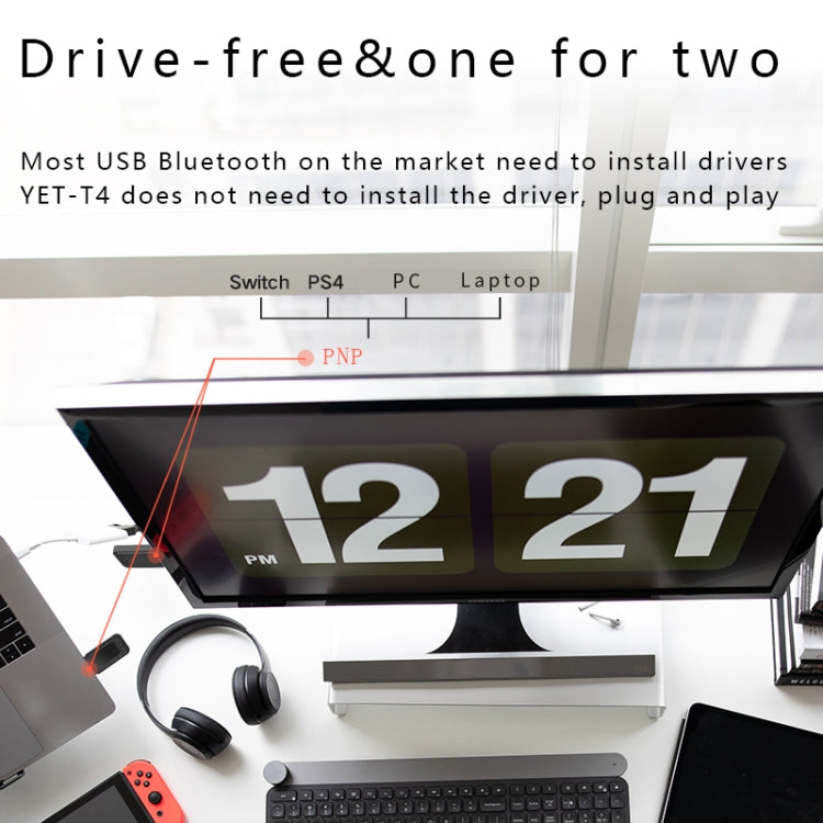 T4 USB / AUX Dual Output Bluetooth 5.0 Transmitter Drive Free Plug and Play Support One Drag Two