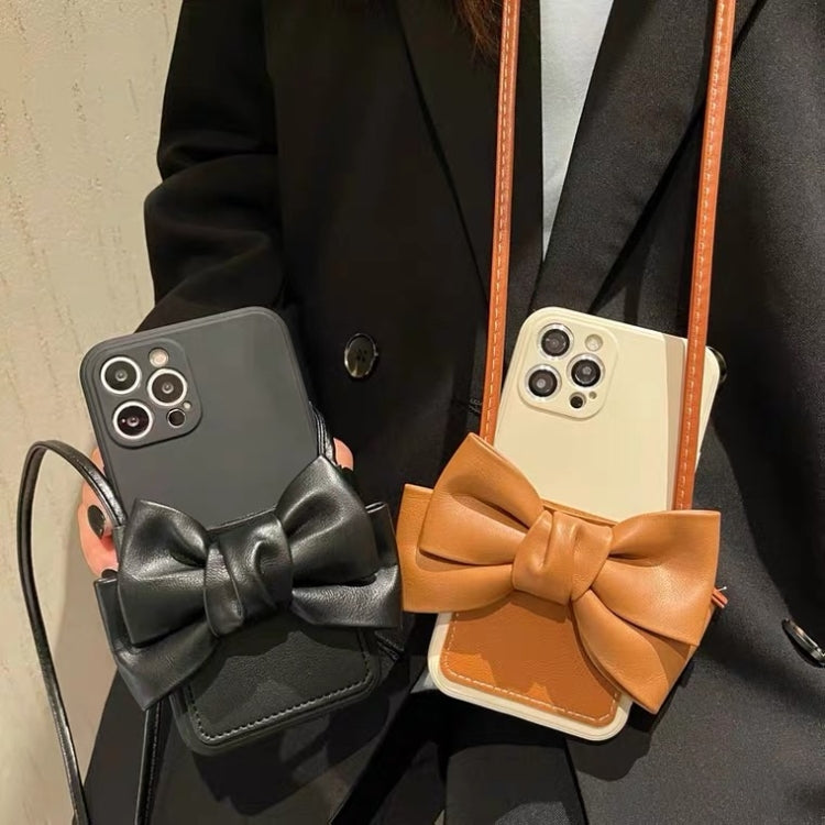 For iPhone 13 Fashionable Bowknot Crossbody Leather Card Bag Back Cover Case