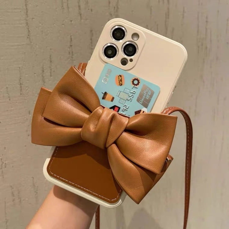 For iPhone 12 Pro Max Fashionable Bowknot Crossbody Leather Card Bag Back Cover Case