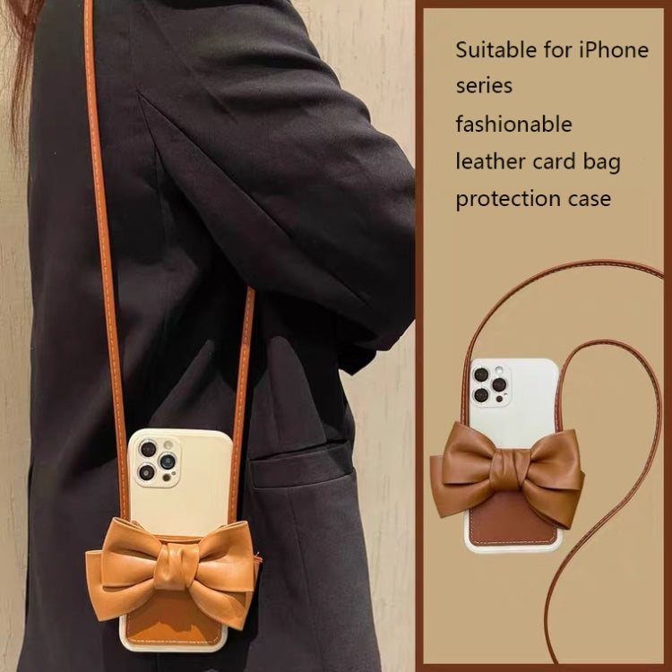 For iPhone 12 Fashionable Bowknot Crossbody Leather Card Bag Back Cover Case