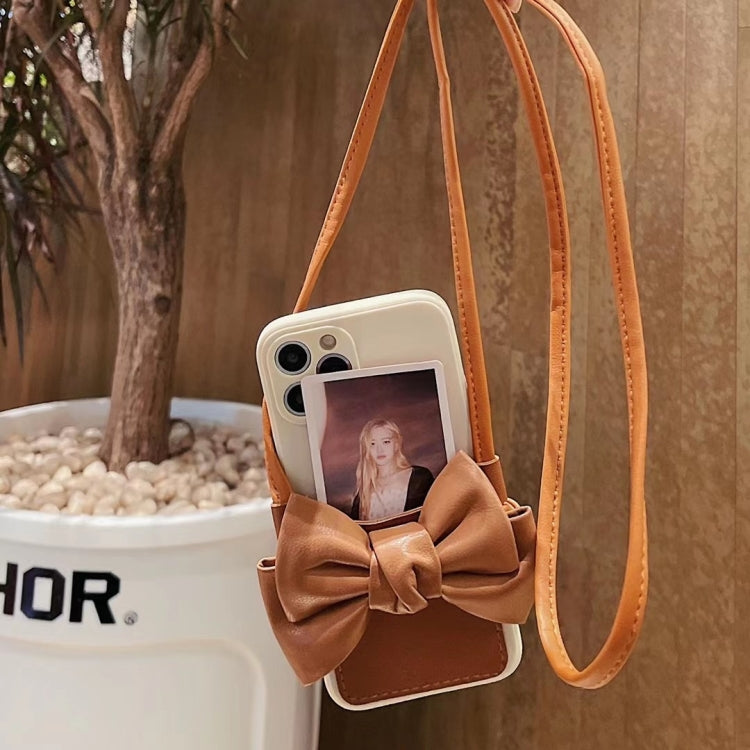 For iPhone 12 Fashionable Bowknot Crossbody Leather Card Bag Back Cover Case