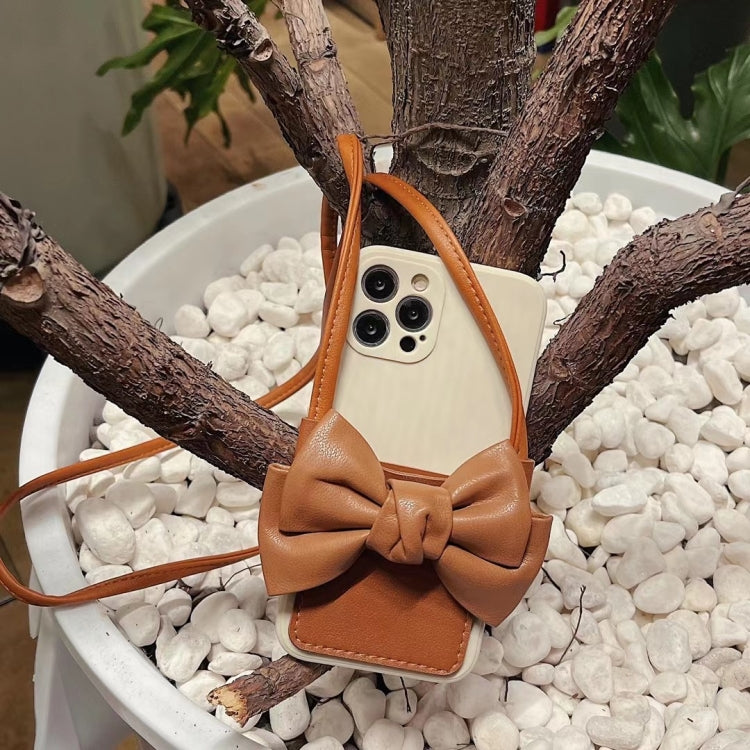 For iPhone 13 mini Fashionable Bowknot Crossbody Leather Card Bag Back Cover Case