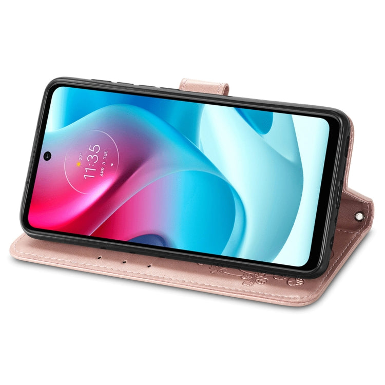 For Motorla Moto G60S Four-leaf Clasp Embossed Buckle Mobile Phone Protection Leather Case with Lanyard & Card Slot & Wallet & Bracket Function