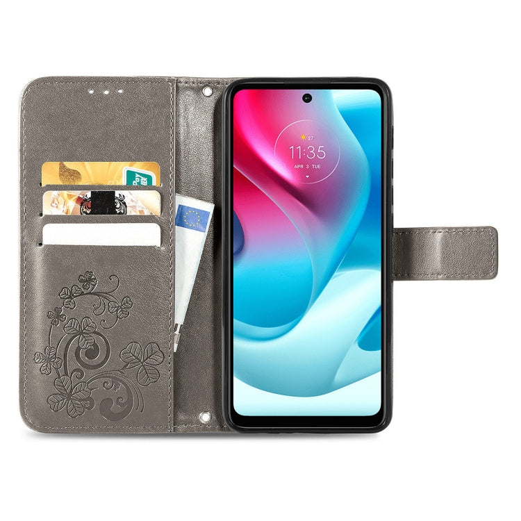For Motorla Moto G60S Four-leaf Clasp Embossed Buckle Mobile Phone Protection Leather Case with Lanyard & Card Slot & Wallet & Bracket Function