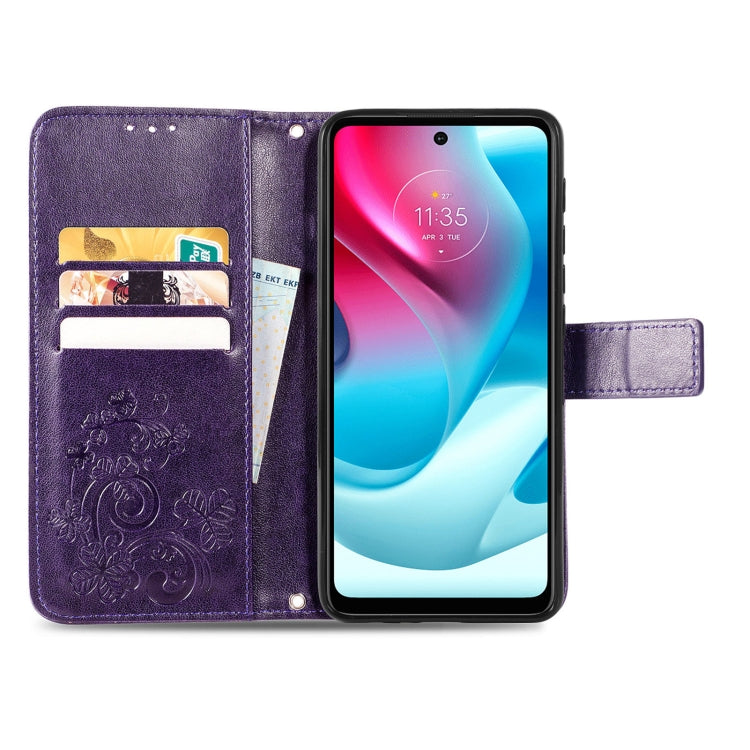 For Motorla Moto G60S Four-leaf Clasp Embossed Buckle Mobile Phone Protection Leather Case with Lanyard & Card Slot & Wallet & Bracket Function
