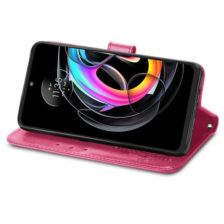 For Motorola Edge 20 Lite Four-leaf Clasp Embossed Buckle Mobile Phone Protection Leather Case with Lanyard & Card Slot & Wallet & Bracket Function