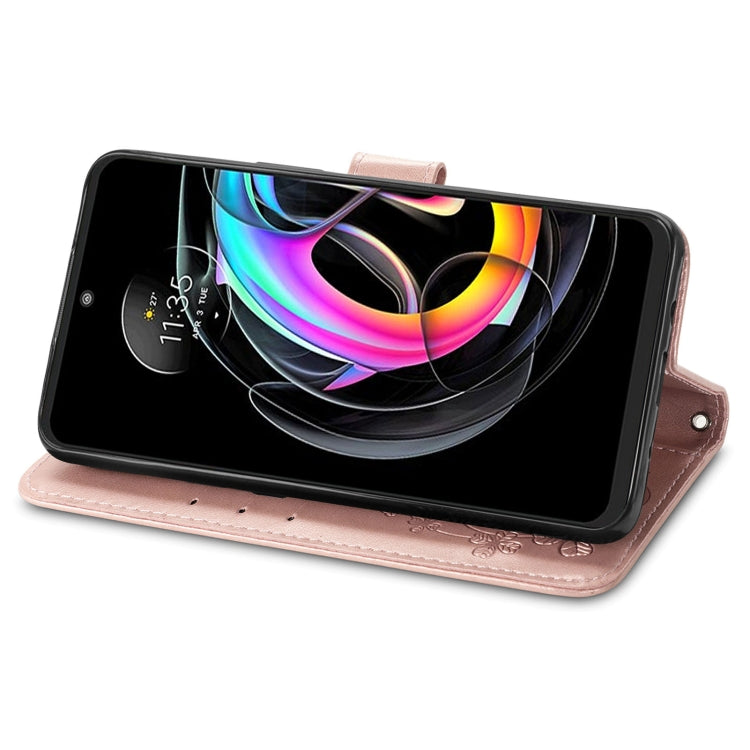 For Motorola Edge 20 Lite Four-leaf Clasp Embossed Buckle Mobile Phone Protection Leather Case with Lanyard & Card Slot & Wallet & Bracket Function