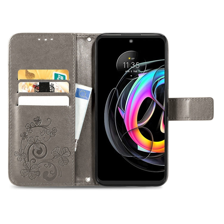For Motorola Edge 20 Lite Four-leaf Clasp Embossed Buckle Mobile Phone Protection Leather Case with Lanyard & Card Slot & Wallet & Bracket Function