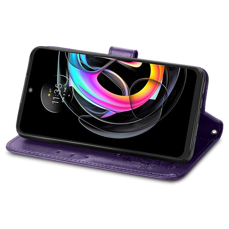 For Motorola Edge 20 Lite Four-leaf Clasp Embossed Buckle Mobile Phone Protection Leather Case with Lanyard & Card Slot & Wallet & Bracket Function