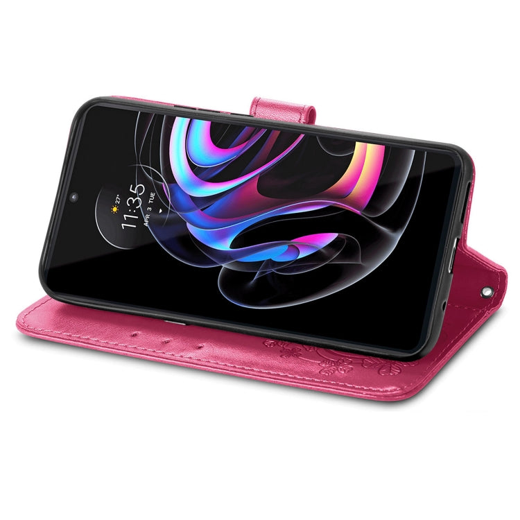 For Motorola Edge 20 Pro Four-leaf Clasp Embossed Buckle Mobile Phone Protection Leather Case with Lanyard & Card Slot & Wallet & Bracket Function