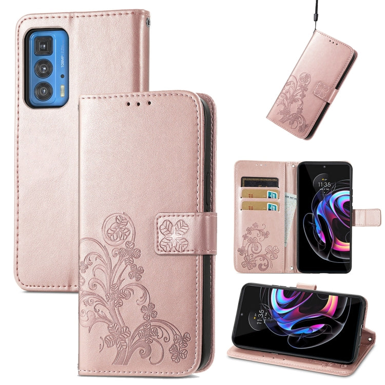 For Motorola Edge 20 Pro Four-leaf Clasp Embossed Buckle Mobile Phone Protection Leather Case with Lanyard & Card Slot & Wallet & Bracket Function
