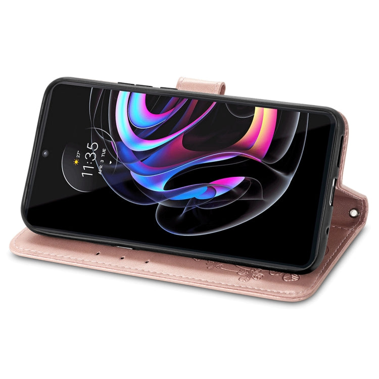 For Motorola Edge 20 Pro Four-leaf Clasp Embossed Buckle Mobile Phone Protection Leather Case with Lanyard & Card Slot & Wallet & Bracket Function