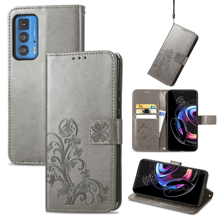 For Motorola Edge 20 Pro Four-leaf Clasp Embossed Buckle Mobile Phone Protection Leather Case with Lanyard & Card Slot & Wallet & Bracket Function
