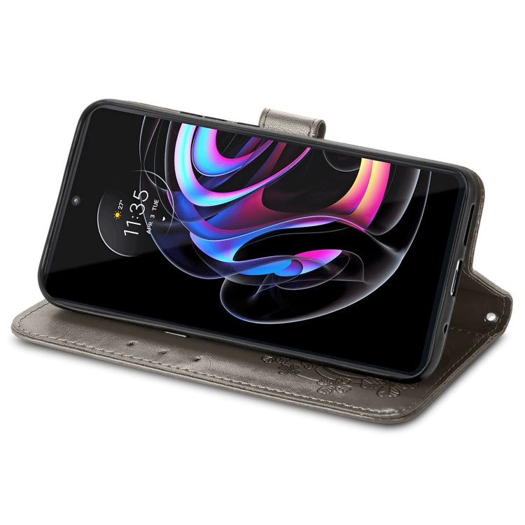 For Motorola Edge 20 Pro Four-leaf Clasp Embossed Buckle Mobile Phone Protection Leather Case with Lanyard & Card Slot & Wallet & Bracket Function