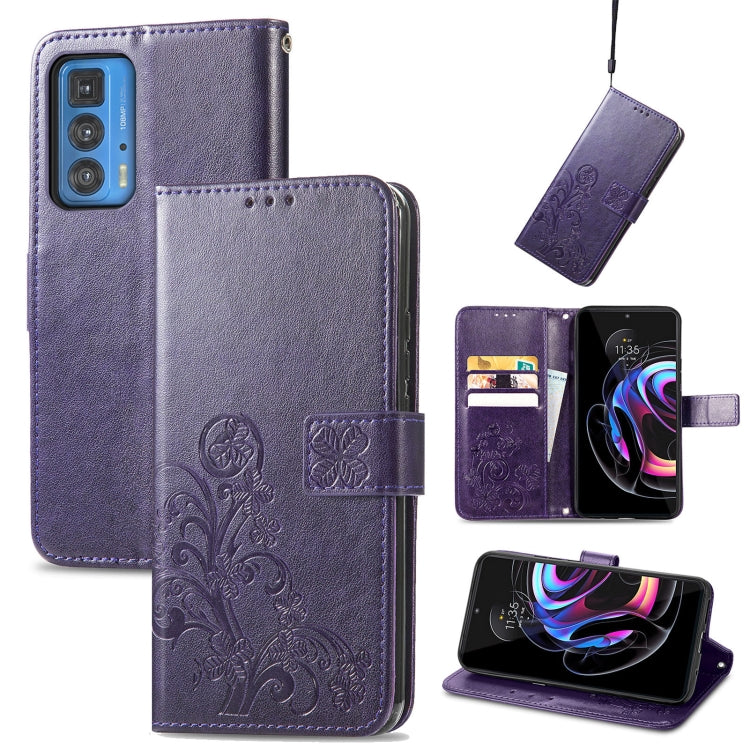 For Motorola Edge 20 Pro Four-leaf Clasp Embossed Buckle Mobile Phone Protection Leather Case with Lanyard & Card Slot & Wallet & Bracket Function