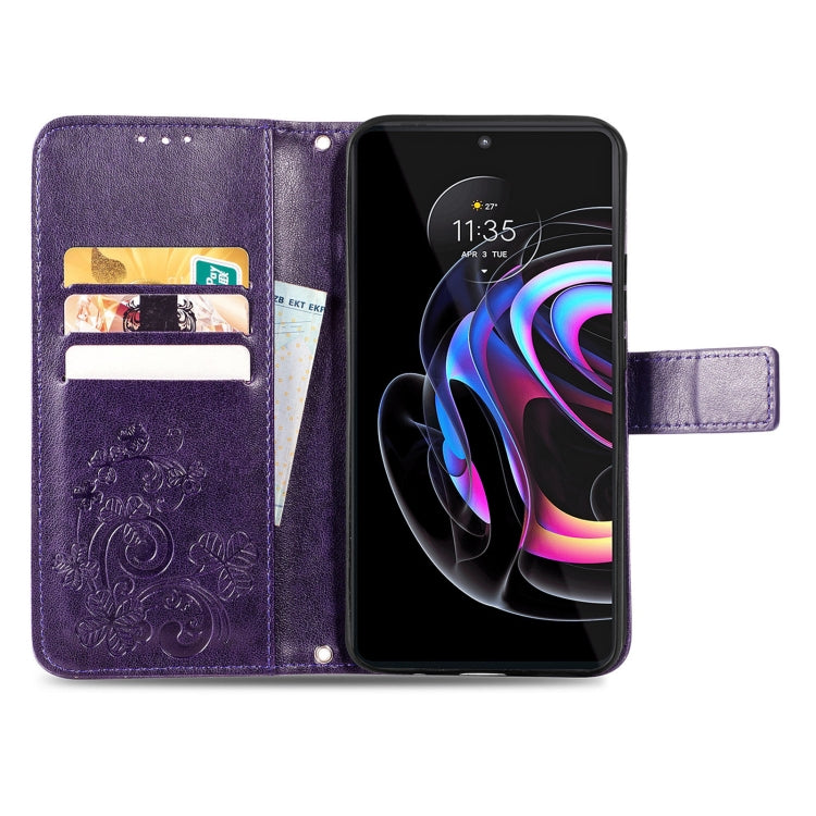 For Motorola Edge 20 Pro Four-leaf Clasp Embossed Buckle Mobile Phone Protection Leather Case with Lanyard & Card Slot & Wallet & Bracket Function
