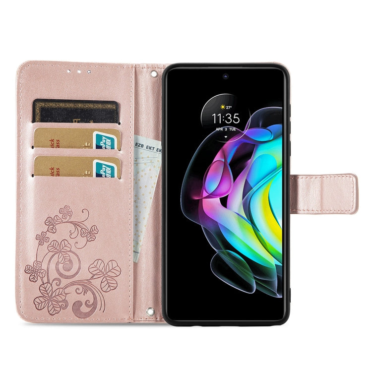 For Motorola Edge 20 Four-leaf Clasp Embossed Buckle Mobile Phone Protection Leather Case with Lanyard & Card Slot & Wallet & Bracket Function