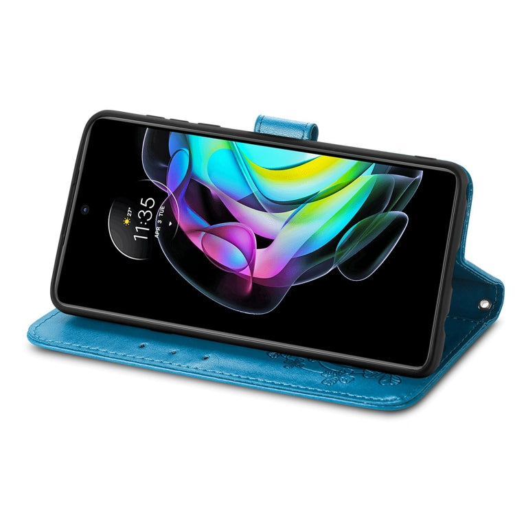 For Motorola Edge 20 Four-leaf Clasp Embossed Buckle Mobile Phone Protection Leather Case with Lanyard & Card Slot & Wallet & Bracket Function