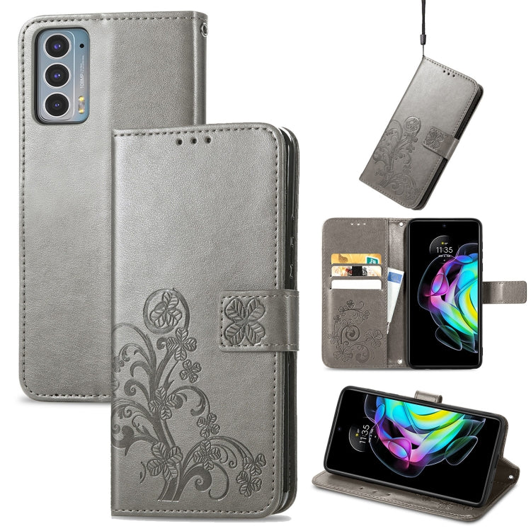 For Motorola Edge 20 Four-leaf Clasp Embossed Buckle Mobile Phone Protection Leather Case with Lanyard & Card Slot & Wallet & Bracket Function