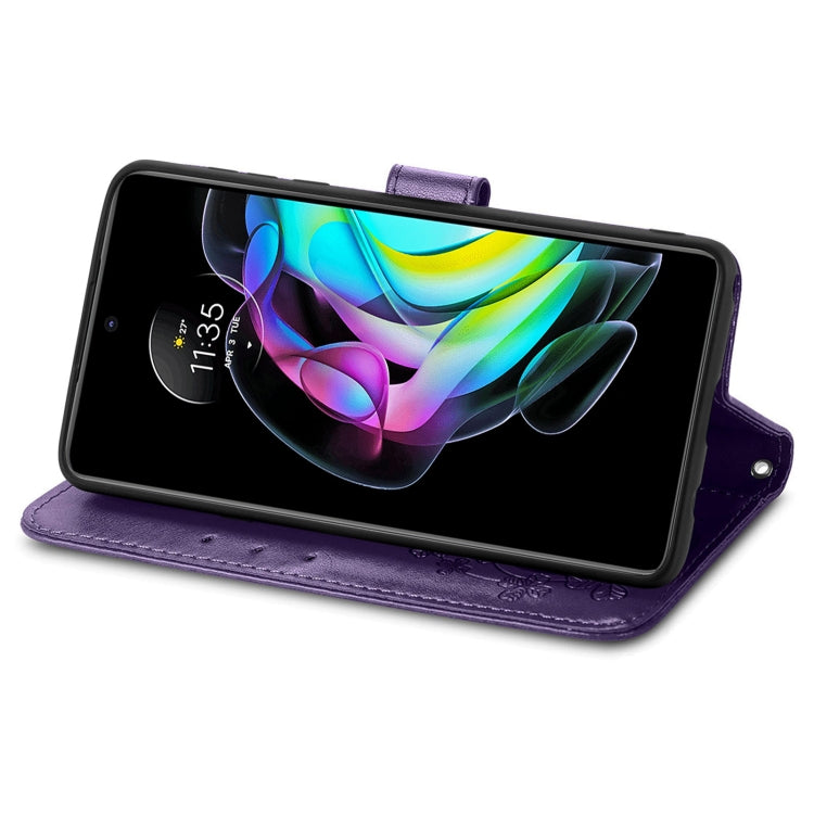 For Motorola Edge 20 Four-leaf Clasp Embossed Buckle Mobile Phone Protection Leather Case with Lanyard & Card Slot & Wallet & Bracket Function