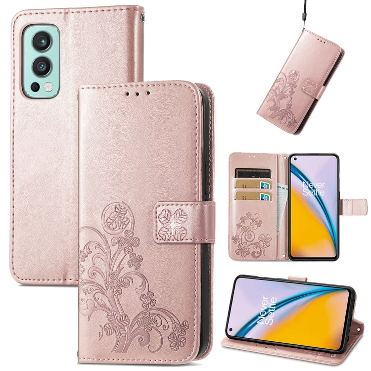 For OnePlus Nord 2 5G Four-leaf Clasp Embossed Buckle Mobile Phone Protection Leather Case with Lanyard & Card Slot & Wallet & Bracket Function
