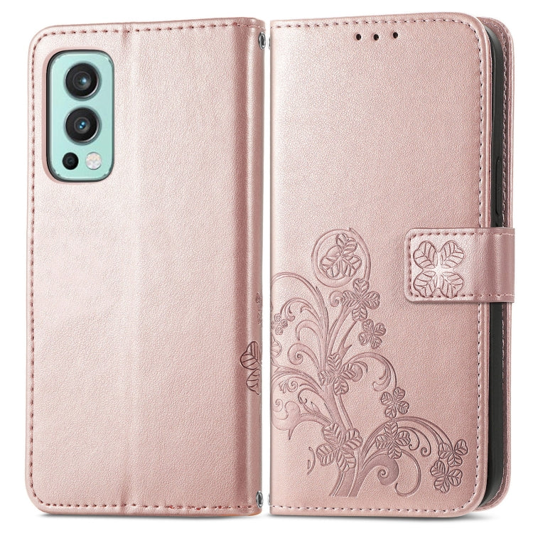 For OnePlus Nord 2 5G Four-leaf Clasp Embossed Buckle Mobile Phone Protection Leather Case with Lanyard & Card Slot & Wallet & Bracket Function