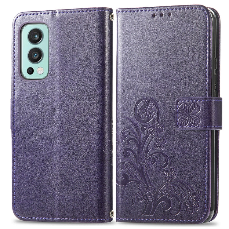 For OnePlus Nord 2 5G Four-leaf Clasp Embossed Buckle Mobile Phone Protection Leather Case with Lanyard & Card Slot & Wallet & Bracket Function