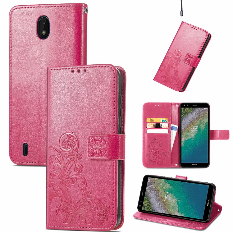 For Nokia C01 Plus Four-leaf Clasp Embossed Buckle Mobile Phone Protection Leather Case with Lanyard & Card Slot & Wallet & Bracket Function