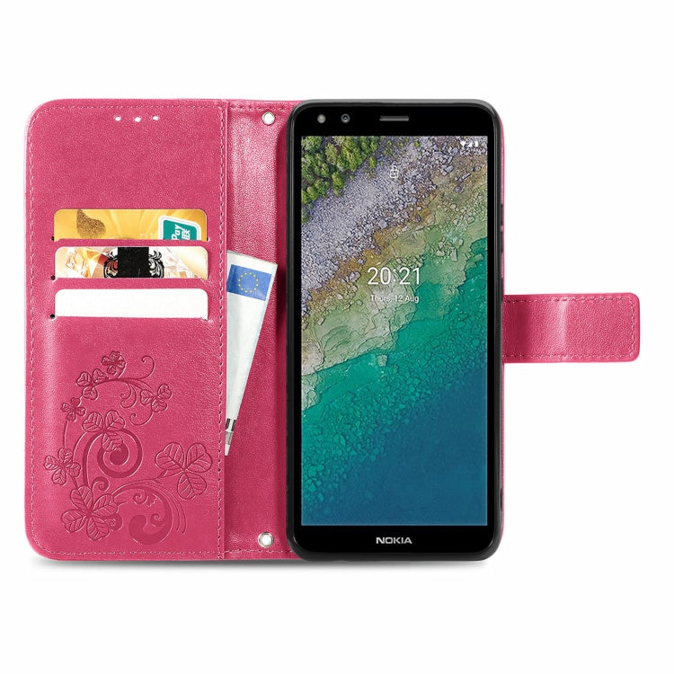 For Nokia C01 Plus Four-leaf Clasp Embossed Buckle Mobile Phone Protection Leather Case with Lanyard & Card Slot & Wallet & Bracket Function