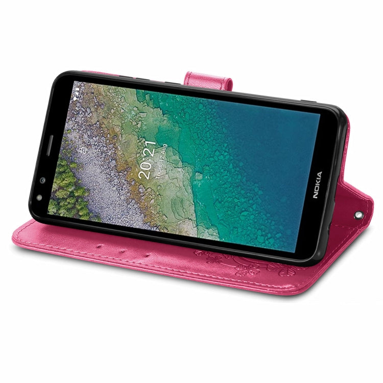 For Nokia C01 Plus Four-leaf Clasp Embossed Buckle Mobile Phone Protection Leather Case with Lanyard & Card Slot & Wallet & Bracket Function