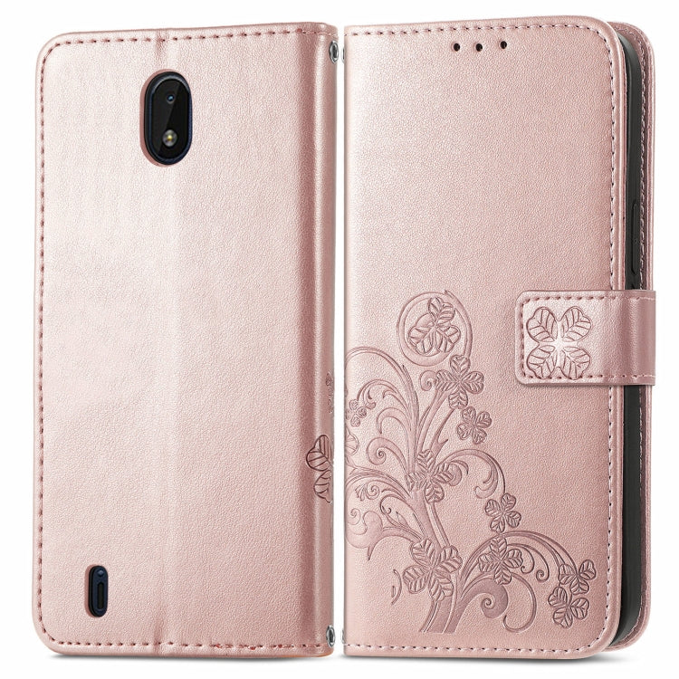 For Nokia C01 Plus Four-leaf Clasp Embossed Buckle Mobile Phone Protection Leather Case with Lanyard & Card Slot & Wallet & Bracket Function