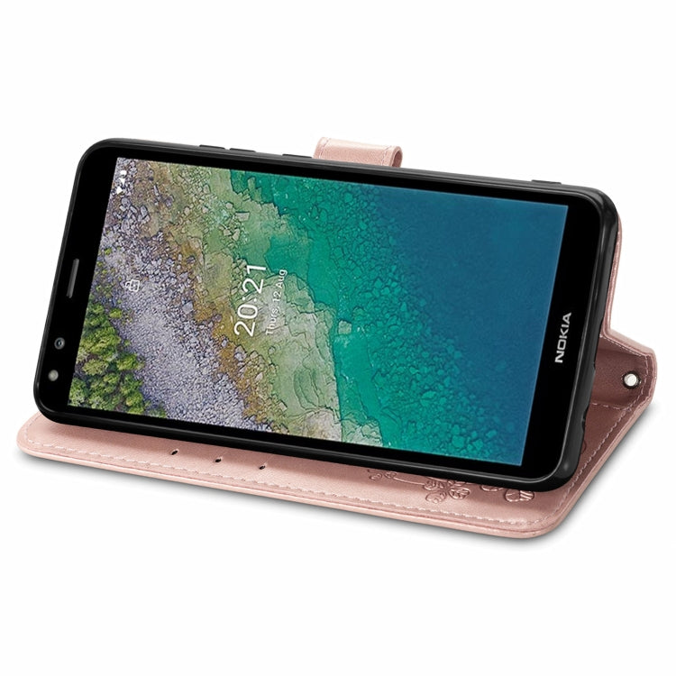 For Nokia C01 Plus Four-leaf Clasp Embossed Buckle Mobile Phone Protection Leather Case with Lanyard & Card Slot & Wallet & Bracket Function