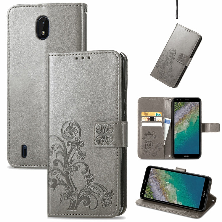 For Nokia C01 Plus Four-leaf Clasp Embossed Buckle Mobile Phone Protection Leather Case with Lanyard & Card Slot & Wallet & Bracket Function
