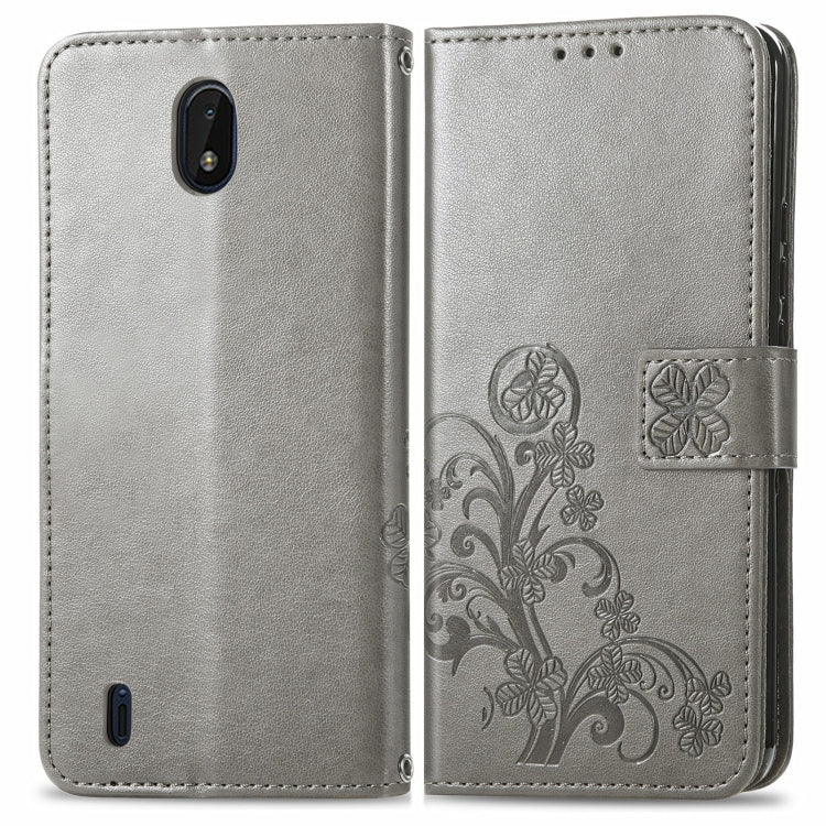 For Nokia C01 Plus Four-leaf Clasp Embossed Buckle Mobile Phone Protection Leather Case with Lanyard & Card Slot & Wallet & Bracket Function