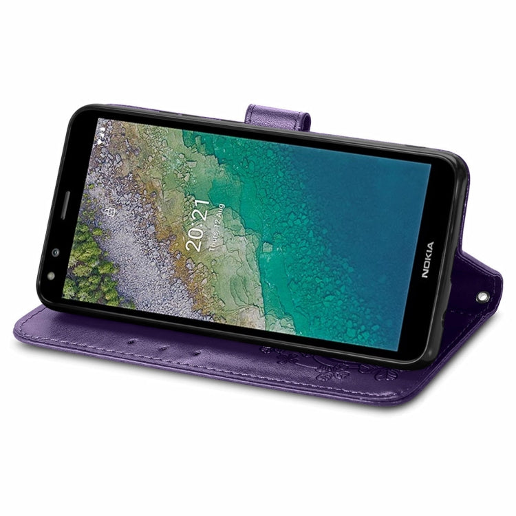 For Nokia C01 Plus Four-leaf Clasp Embossed Buckle Mobile Phone Protection Leather Case with Lanyard & Card Slot & Wallet & Bracket Function