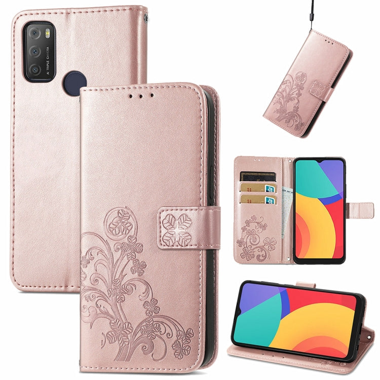 For Alcatel 1S 2021 Four-leaf Clasp Embossed Buckle Mobile Phone Protection Leather Case with Lanyard & Card Slot & Wallet & Bracket Function