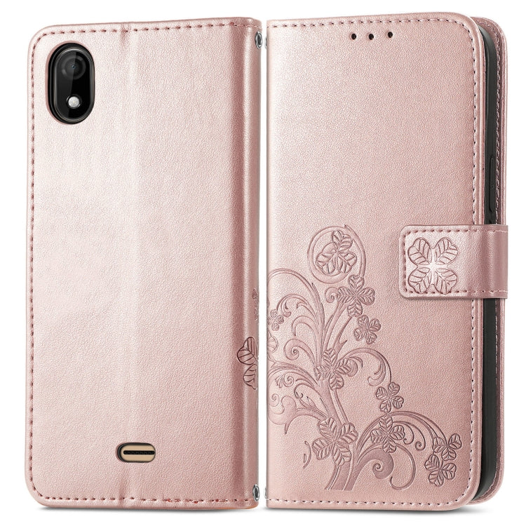For Wiko Y61 Four-leaf Clasp Embossed Buckle Mobile Phone Protection Leather Case with Lanyard & Card Slot & Wallet & Bracket Function