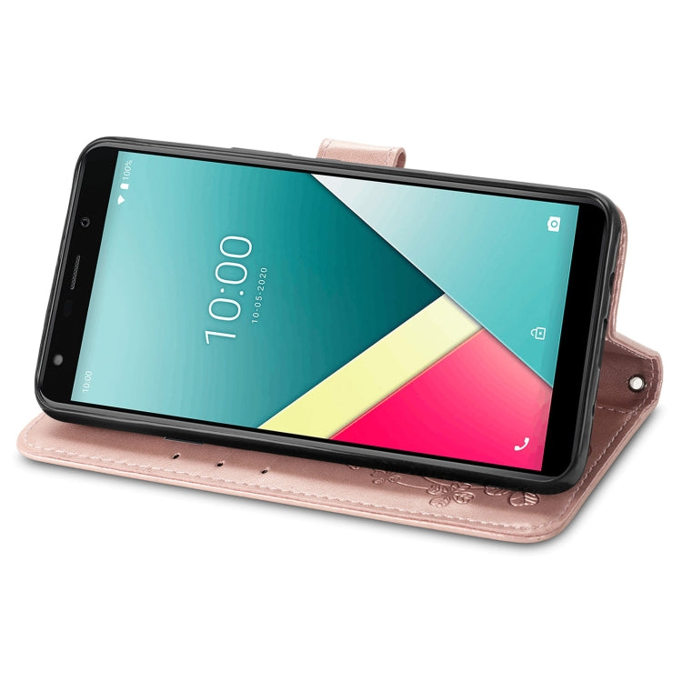 For Wiko Y61 Four-leaf Clasp Embossed Buckle Mobile Phone Protection Leather Case with Lanyard & Card Slot & Wallet & Bracket Function