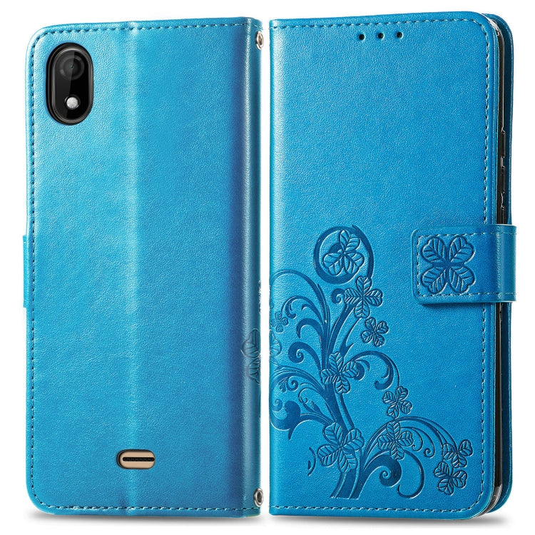 For Wiko Y61 Four-leaf Clasp Embossed Buckle Mobile Phone Protection Leather Case with Lanyard & Card Slot & Wallet & Bracket Function