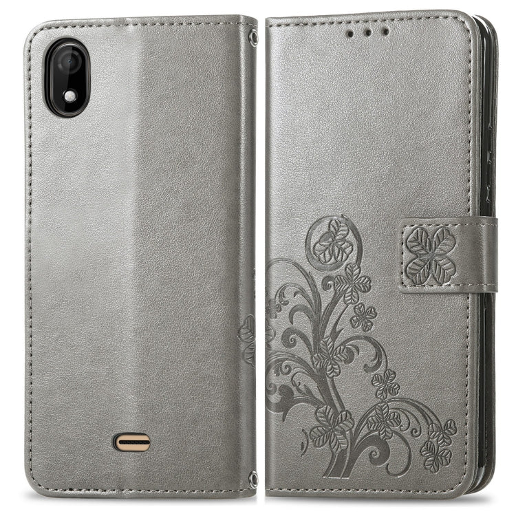 For Wiko Y61 Four-leaf Clasp Embossed Buckle Mobile Phone Protection Leather Case with Lanyard & Card Slot & Wallet & Bracket Function