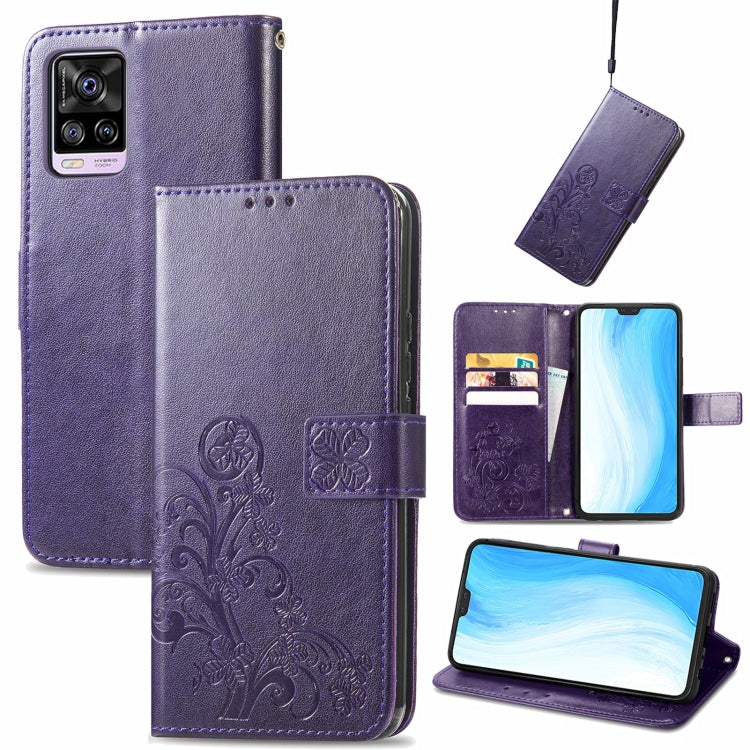 For vivo S7 Four-leaf Clasp Embossed Buckle Mobile Phone Protection Leather Case with Lanyard & Card Slot & Wallet & Bracket Function