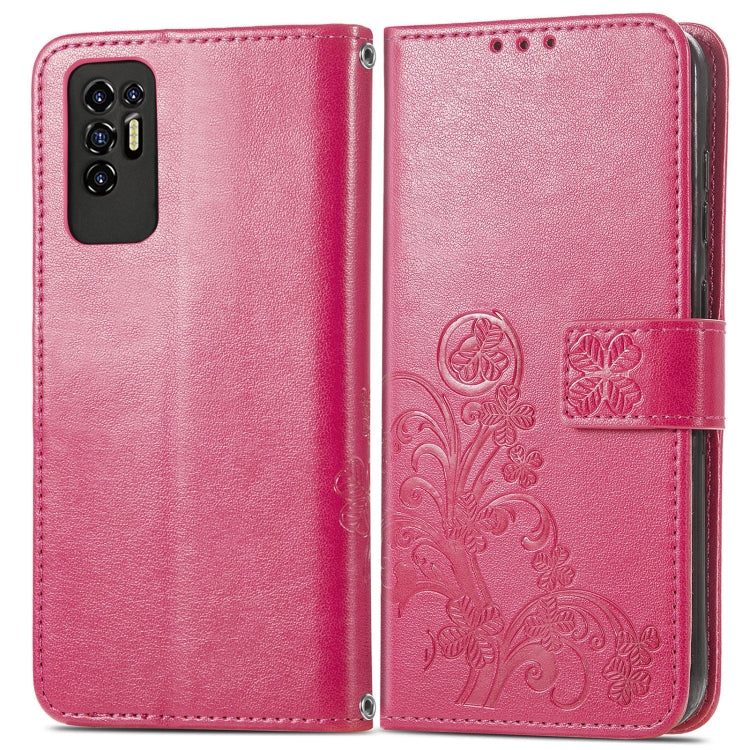 For Tecno Pova 2 Four-leaf Clasp Embossed Buckle Mobile Phone Protection Leather Case with Lanyard & Card Slot & Wallet & Bracket Function