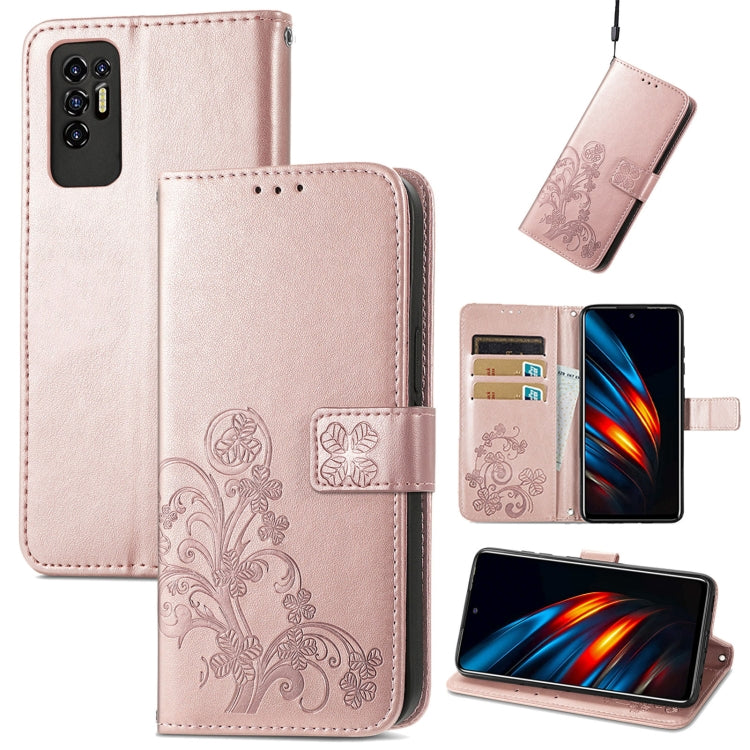 For Tecno Pova 2 Four-leaf Clasp Embossed Buckle Mobile Phone Protection Leather Case with Lanyard & Card Slot & Wallet & Bracket Function