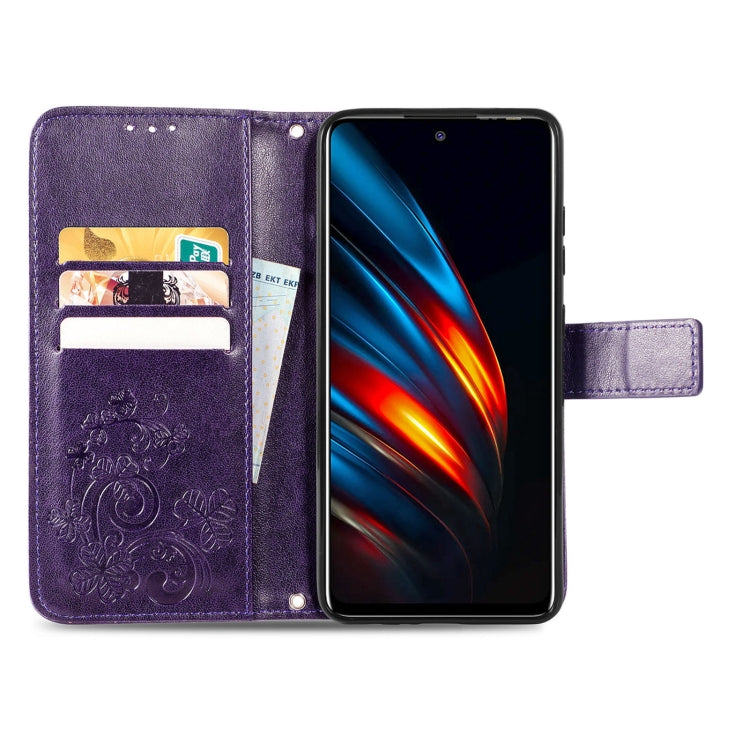For Tecno Pova 2 Four-leaf Clasp Embossed Buckle Mobile Phone Protection Leather Case with Lanyard & Card Slot & Wallet & Bracket Function