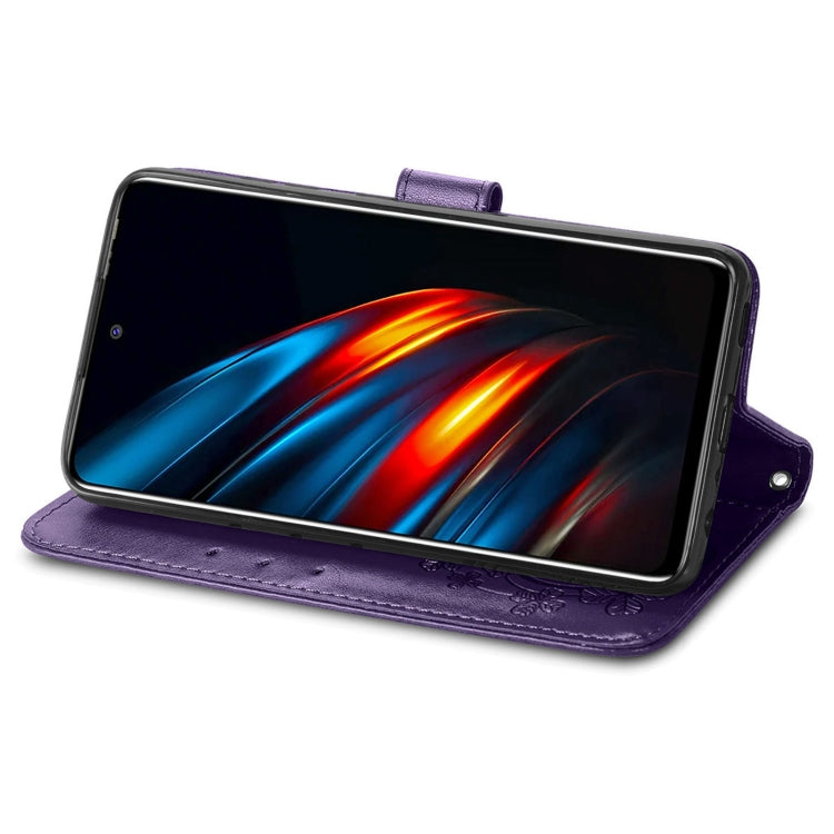 For Tecno Pova 2 Four-leaf Clasp Embossed Buckle Mobile Phone Protection Leather Case with Lanyard & Card Slot & Wallet & Bracket Function