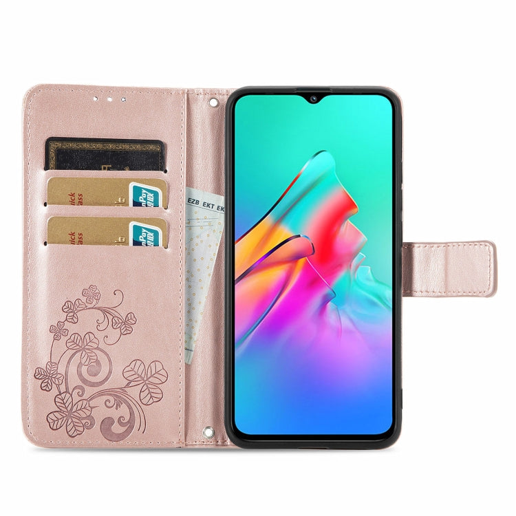 For Infinix Smart 5 Four-leaf Clasp Embossed Buckle Mobile Phone Protection Leather Case with Lanyard & Card Slot & Wallet & Bracket Function