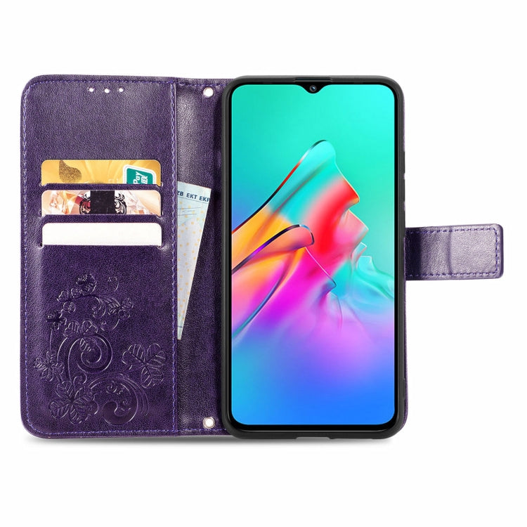 For Infinix Smart 5 Four-leaf Clasp Embossed Buckle Mobile Phone Protection Leather Case with Lanyard & Card Slot & Wallet & Bracket Function