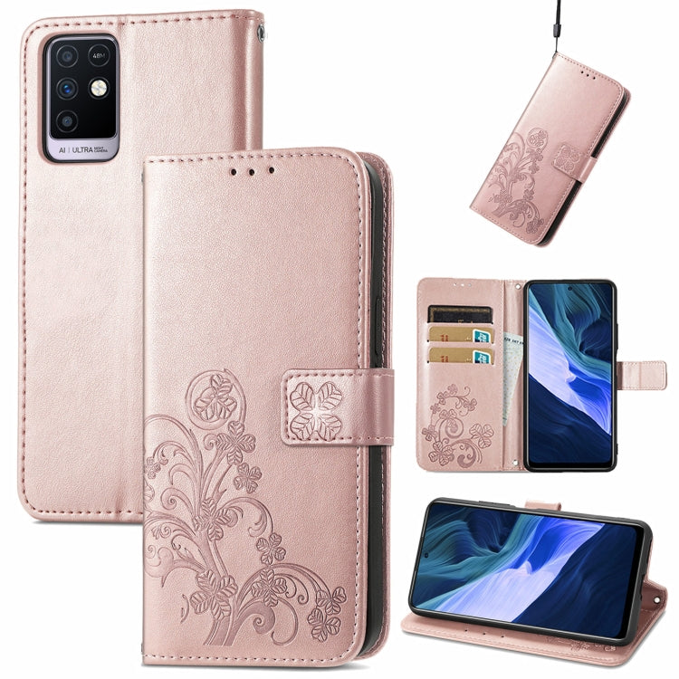For Infinix Note 10 Four-leaf Clasp Embossed Buckle Mobile Phone Protection Leather Case with Lanyard & Card Slot & Wallet & Bracket Function