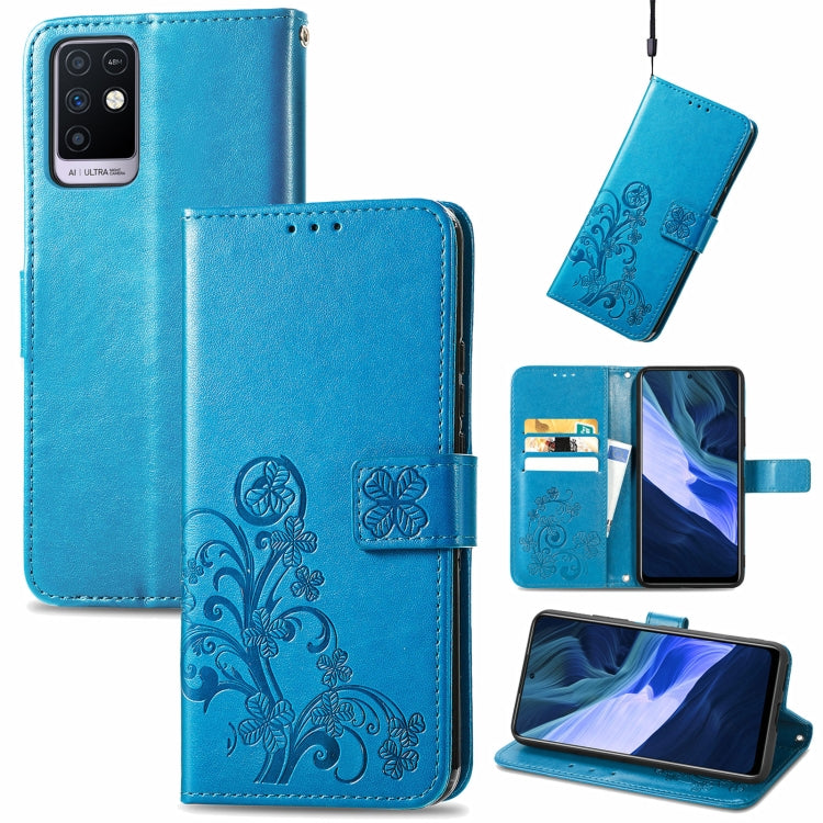 For Infinix Note 10 Four-leaf Clasp Embossed Buckle Mobile Phone Protection Leather Case with Lanyard & Card Slot & Wallet & Bracket Function