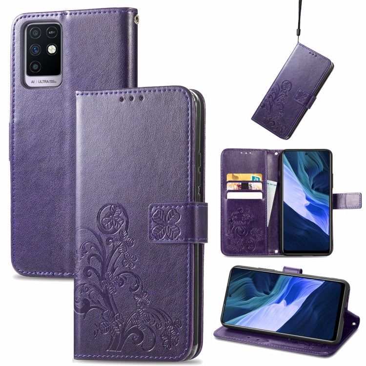 For Infinix Note 10 Four-leaf Clasp Embossed Buckle Mobile Phone Protection Leather Case with Lanyard & Card Slot & Wallet & Bracket Function